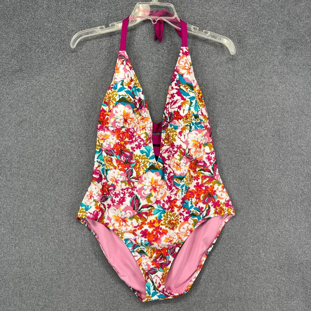 Mossimo One Piece Swimsuit Women XL Multicolor Floral Plunge Halter Strappy Back